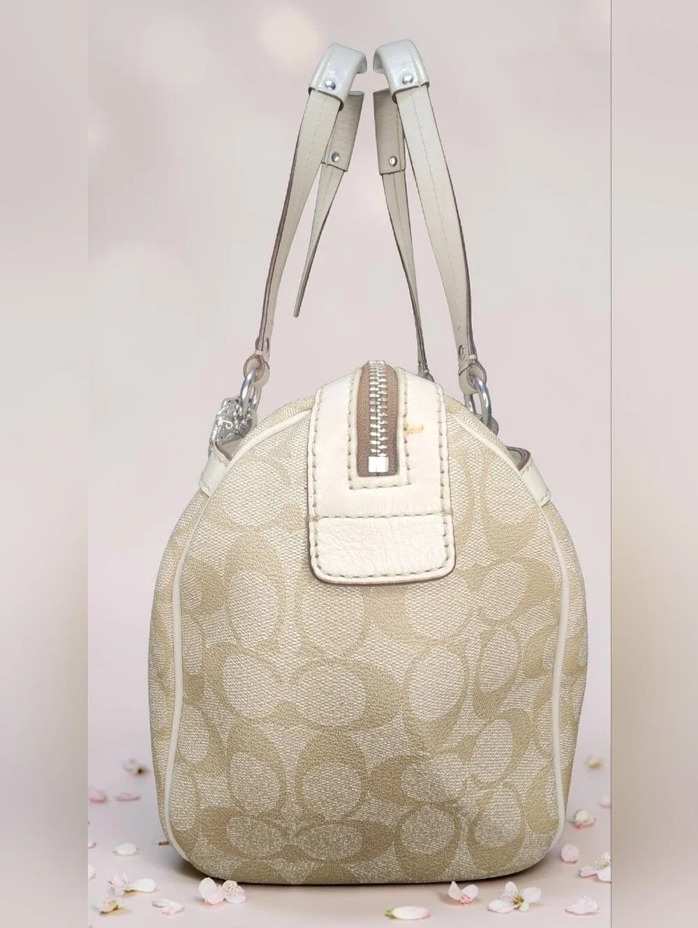 Coach Beige Signature Satchel with Pink and White Stripes
